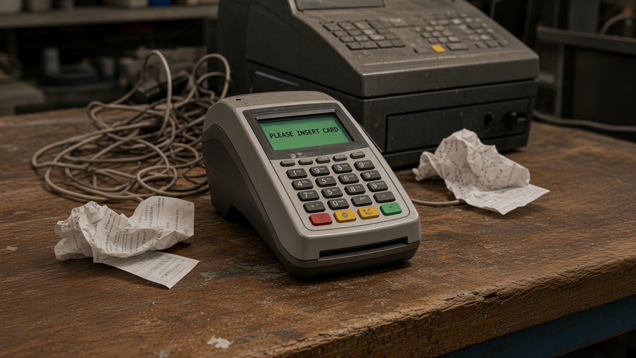 An old card terminal on a cluttered checkout counter.