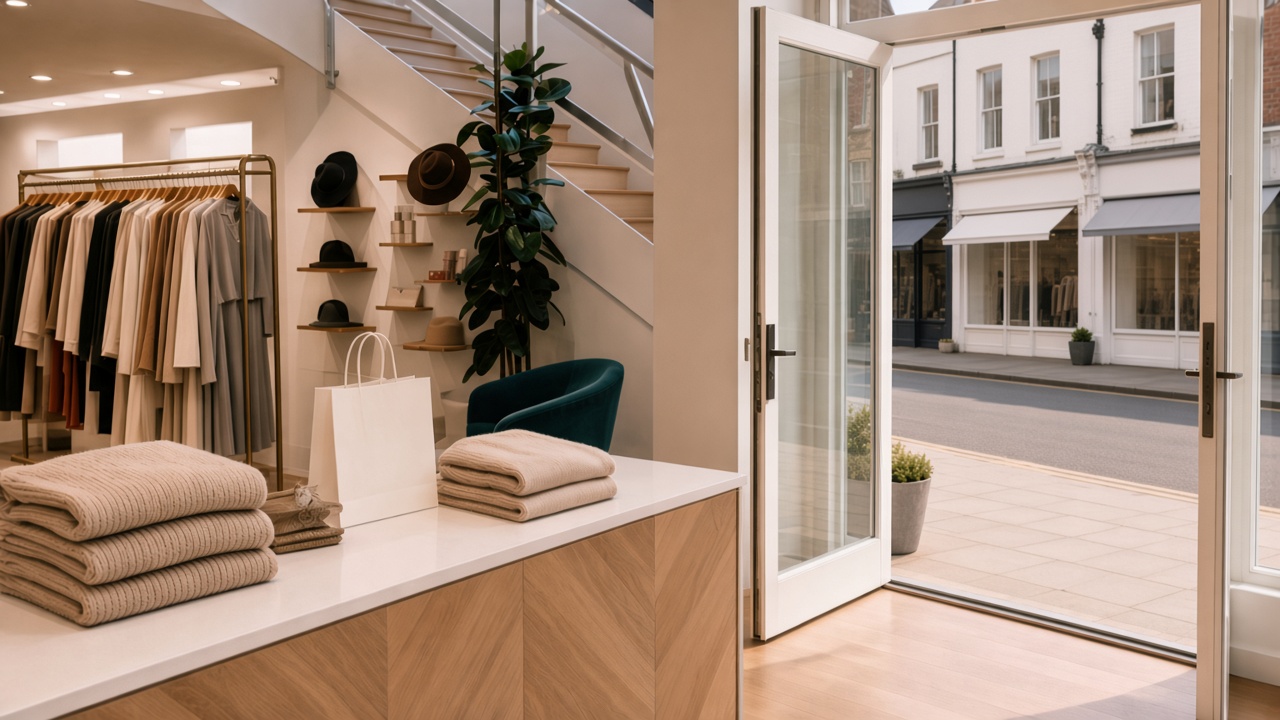 A clothing shop with its glass door open onto a street of shopfronts.