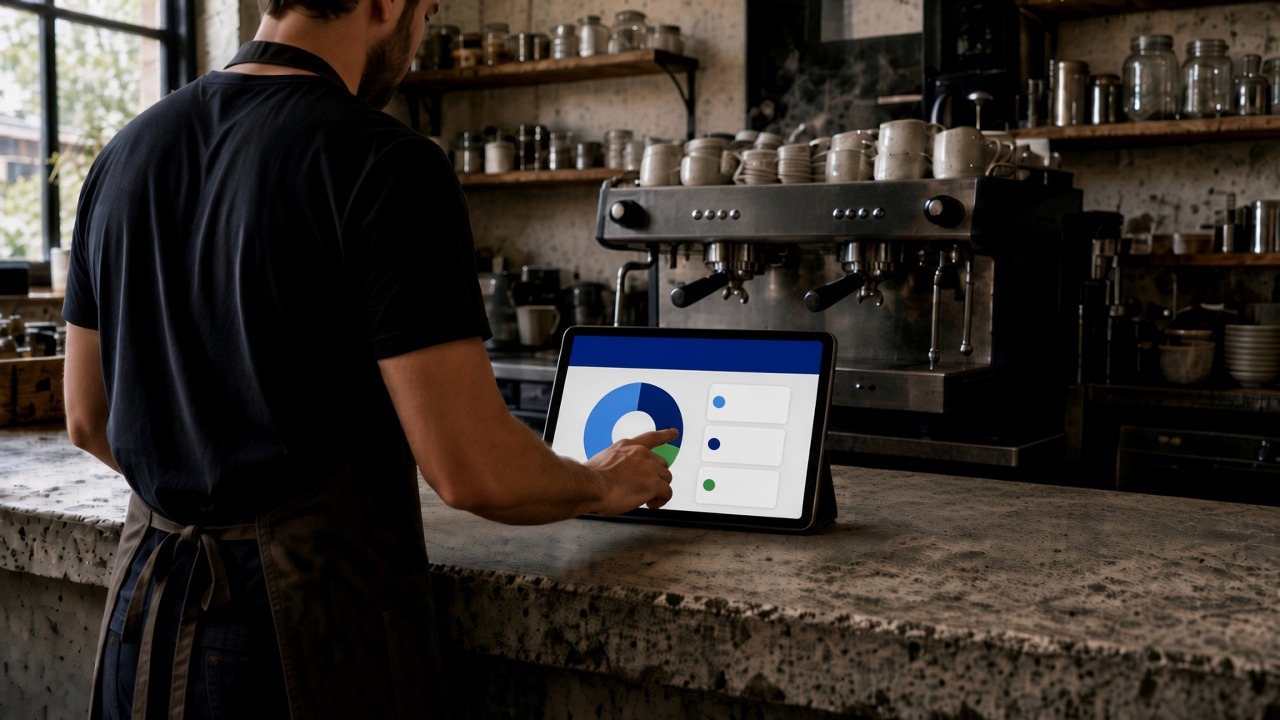 A barista, seen from behind, using a tablet that shows a donut chart with a colour legend.