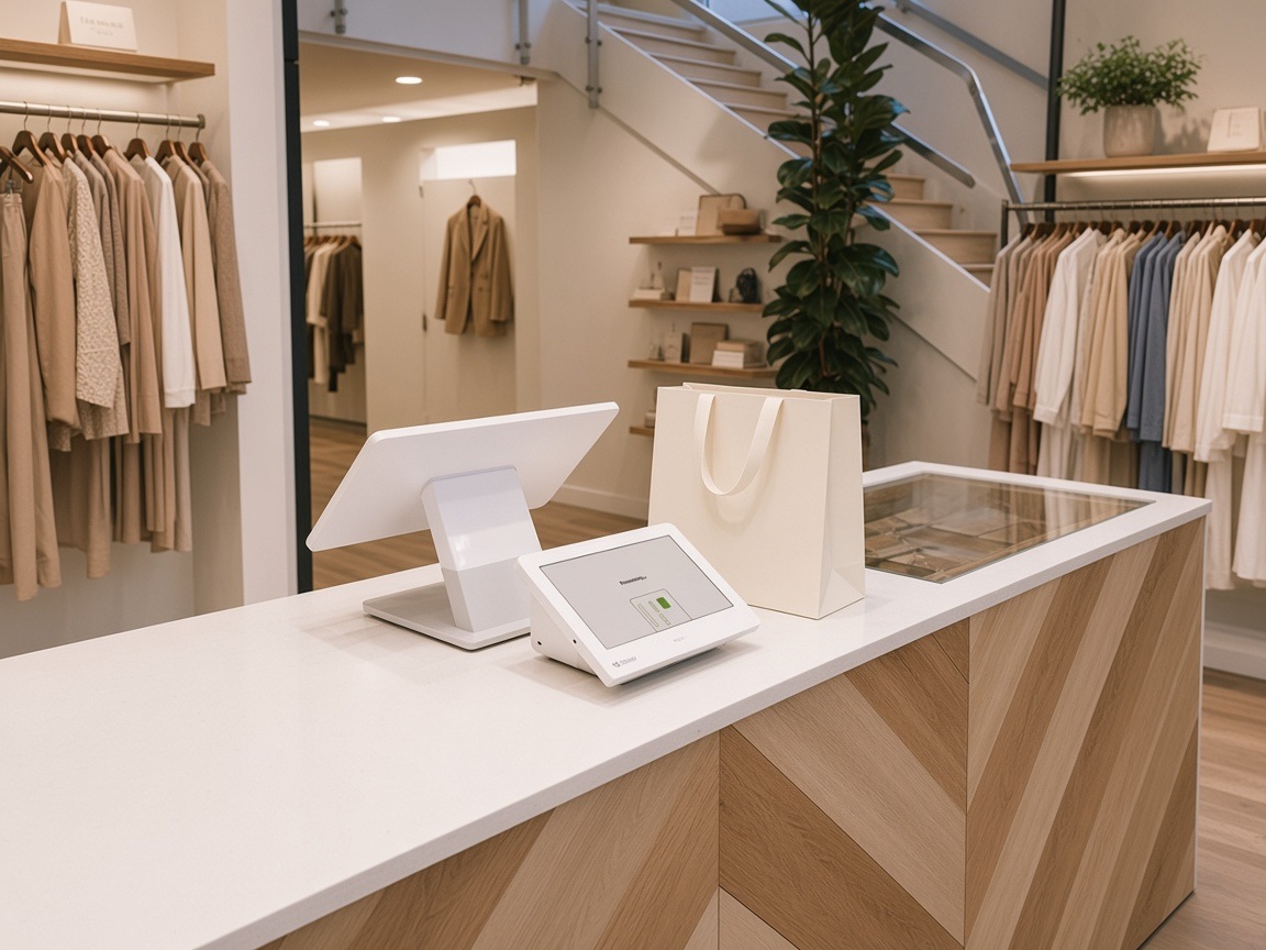 A clothing-shop counter with a Clover Station Duo and a shopping bag.