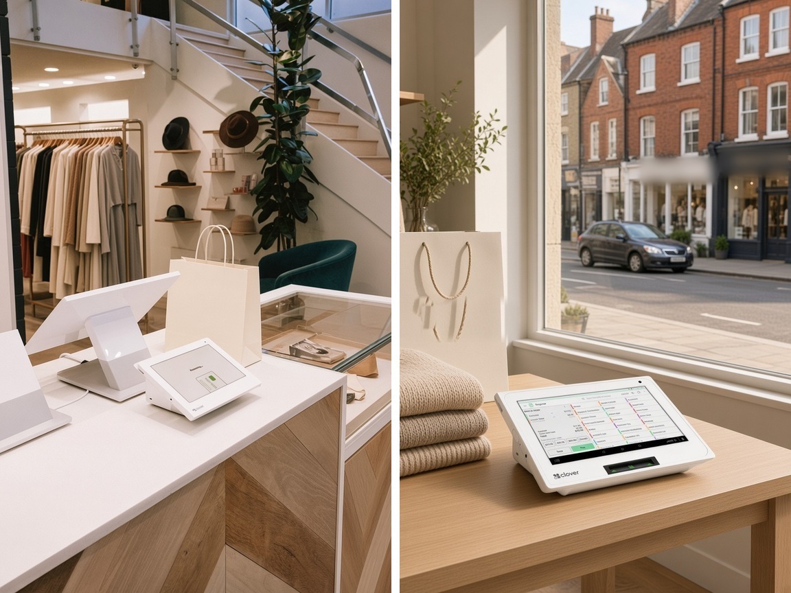 A split view of the same clothing shop in two suburbs, with a Clover Station Duo and a Clover Mini.