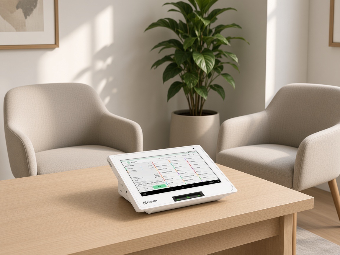 A calm clinic reception with a plant, waiting chairs, and a Clover Mini.