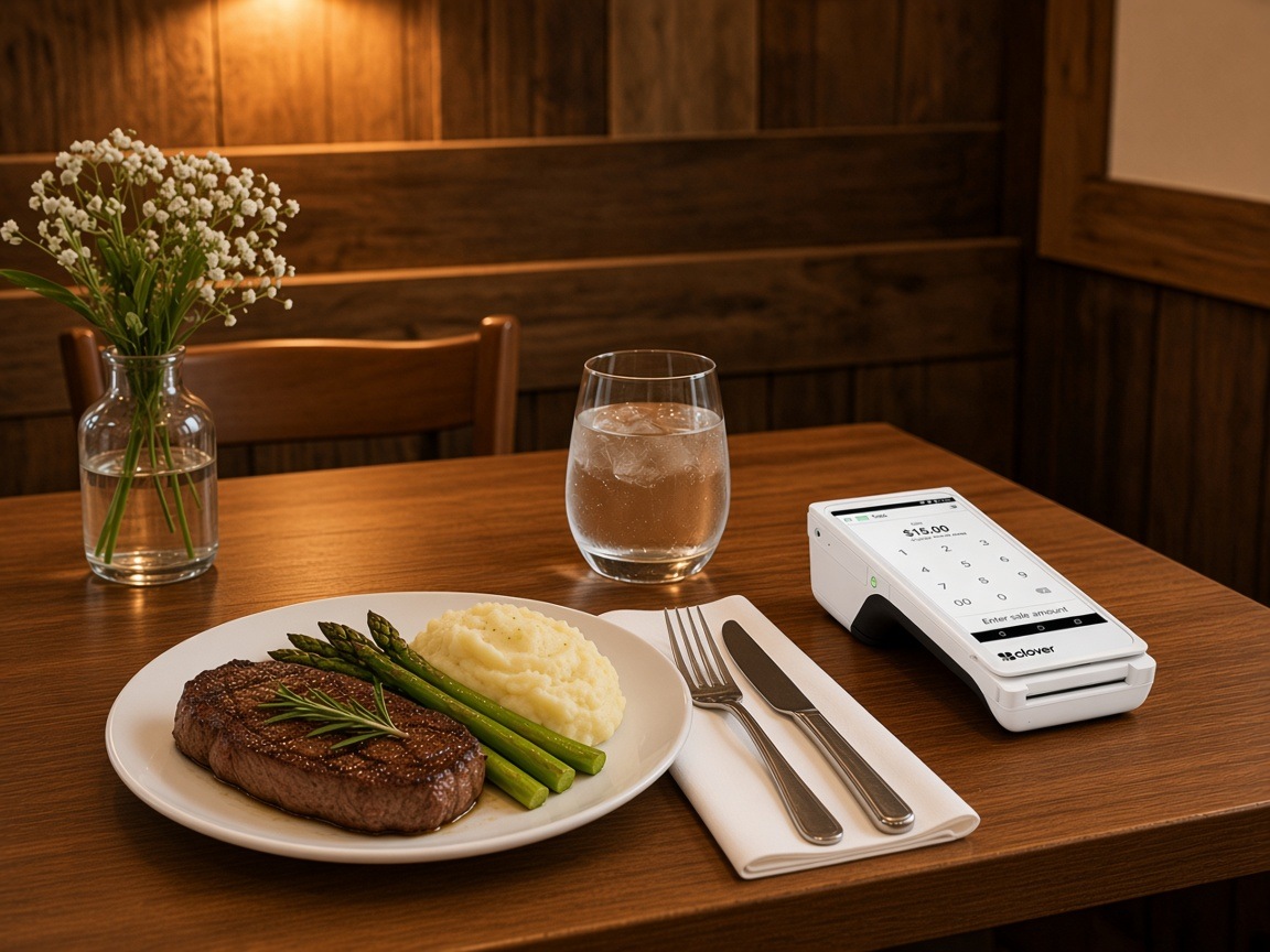 An indoor restaurant place setting with a Clover Flex beside the plate.