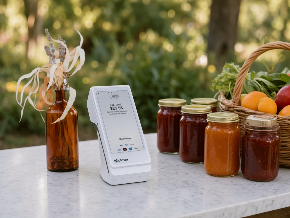 An outdoor market table with jars and a Clover Flex.