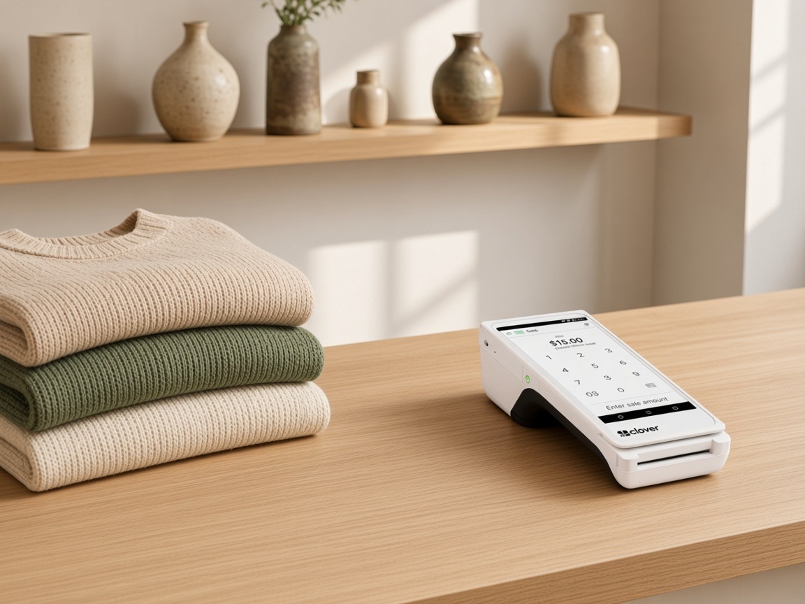 A clothing shop with a Clover Flex on the counter.