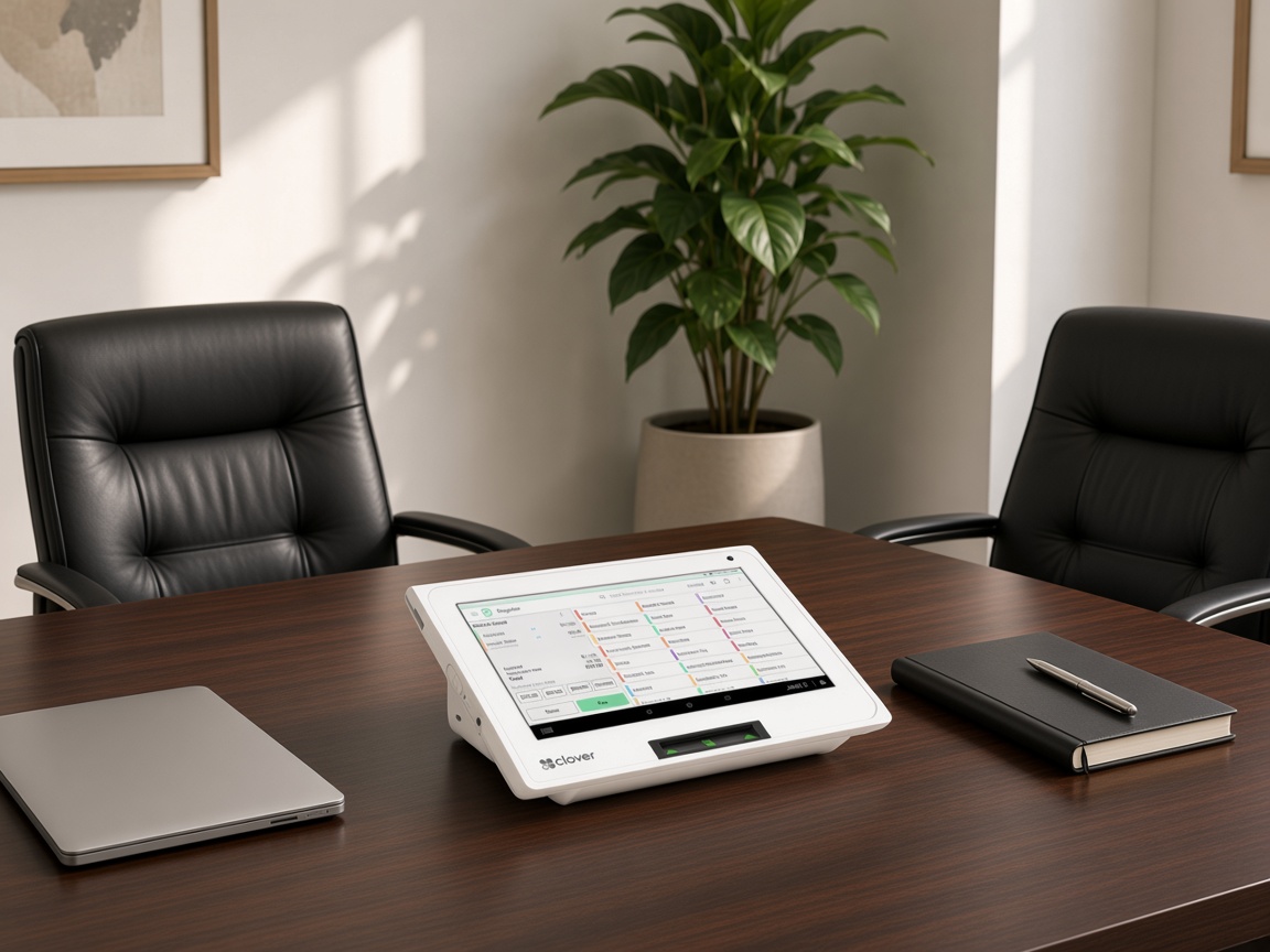 A meeting room with a plain laptop, a notebook, and a Clover Mini.